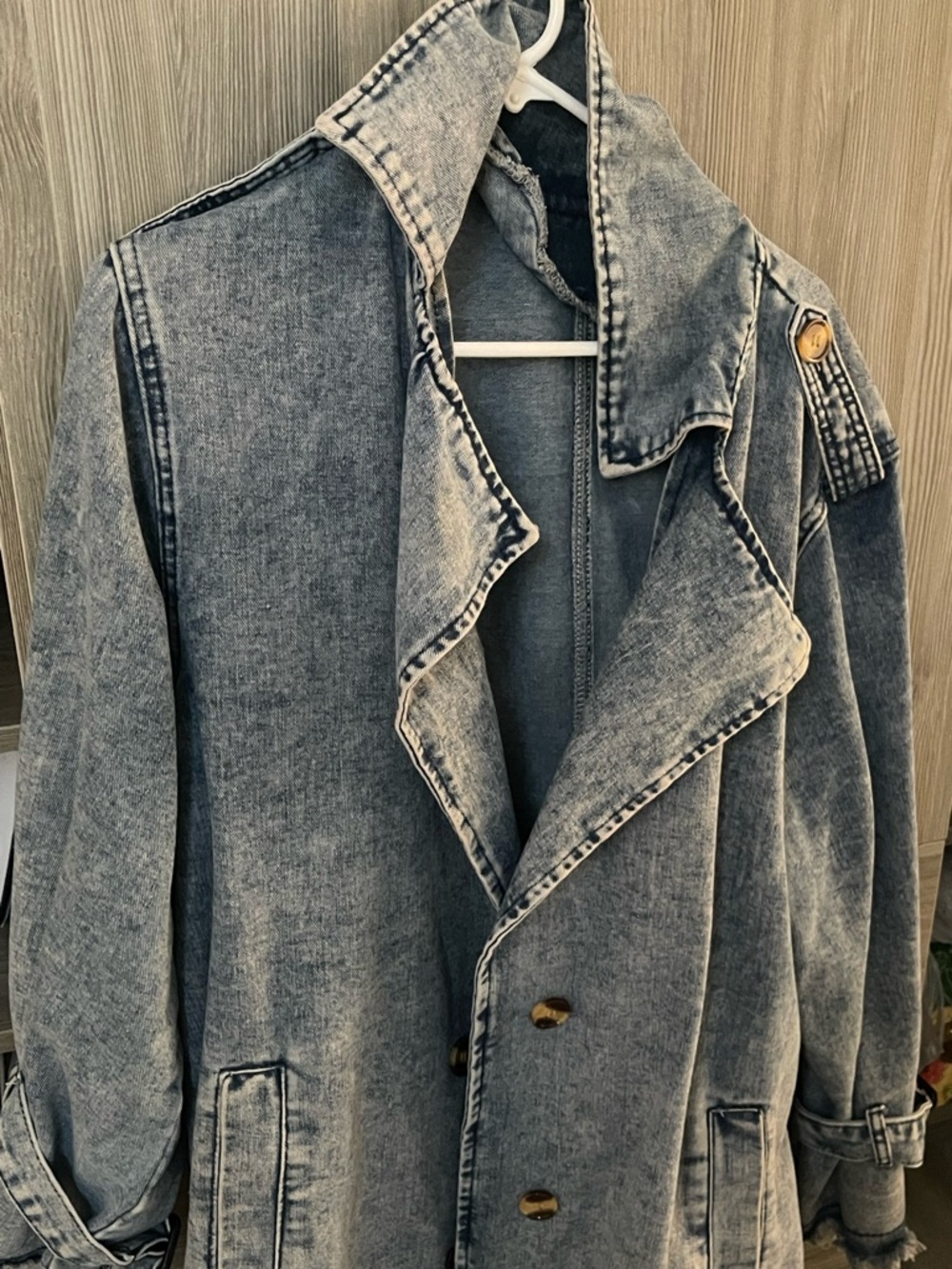 Acid Wash Denim Trench Coat in Light Blue